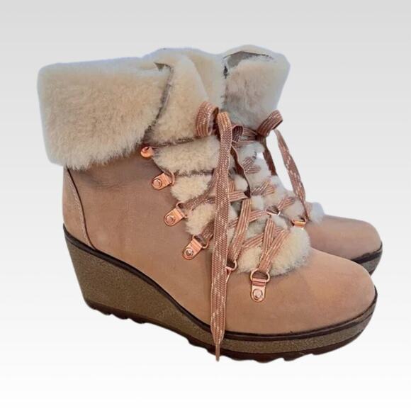 J. Crew Nordic Wedge Leather Fur-lined Bootie Subtle Blush Pink Sz 8 - Picture 1 of 12